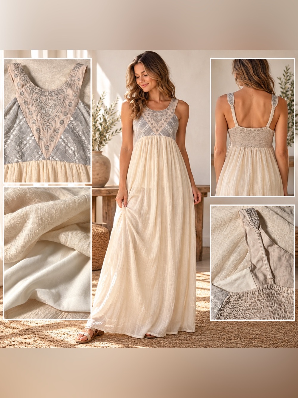 Flying Tomato size S Ivory Gray Embroidered Boho Empire Maxi Dress